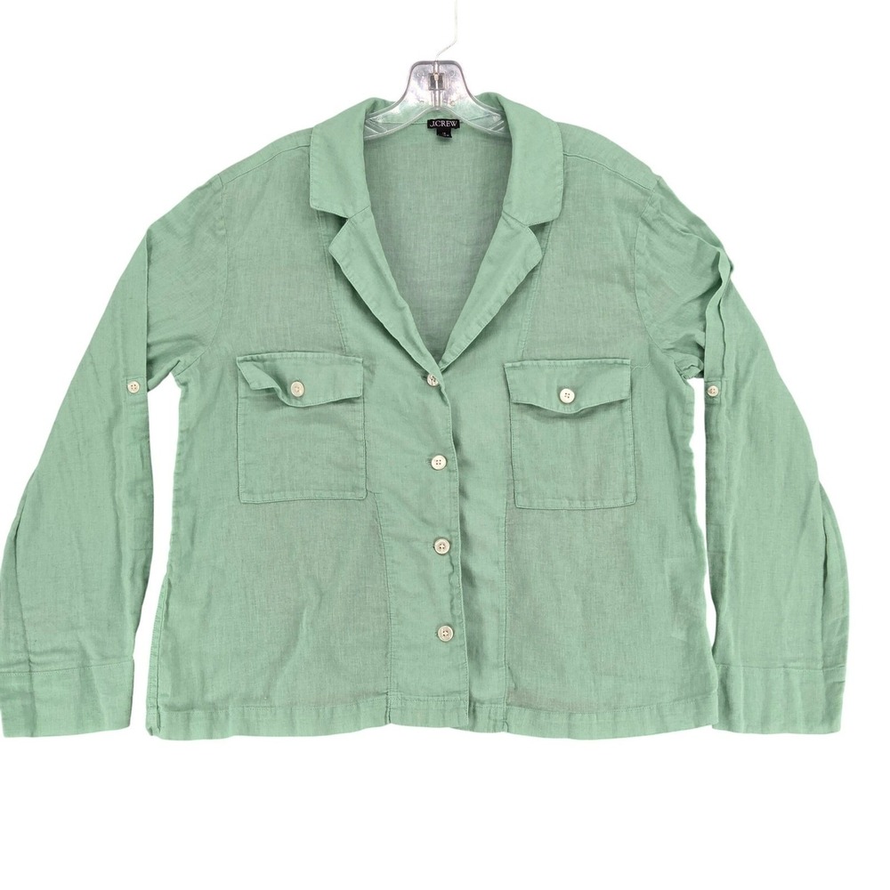 J. Crew Women 14 Camp Collar Button Shirt Featherweight Linen Cotton Blend Green